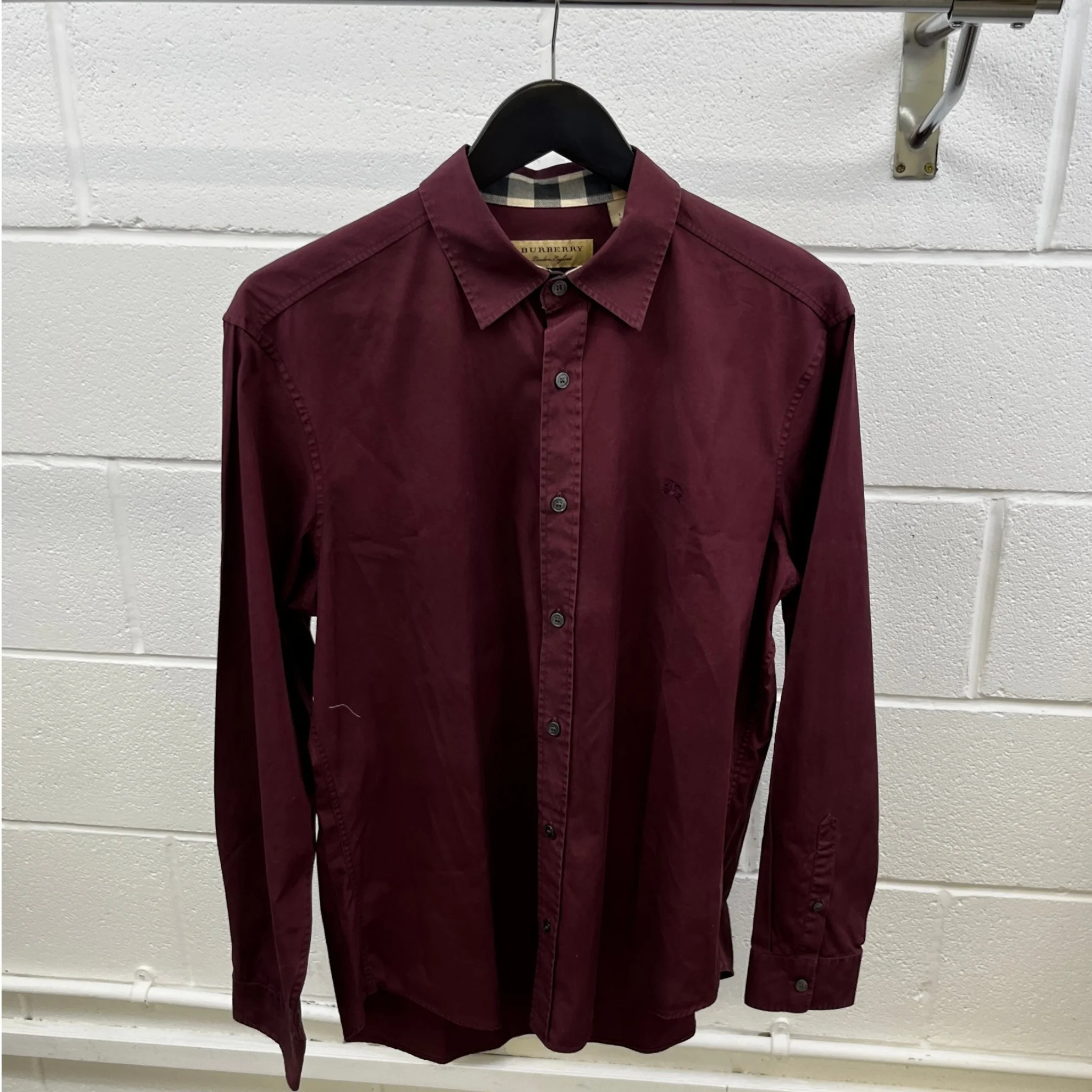 Men's Embroidered Logo Long Sleeve Shirt Burgundy Size L - Image 9
