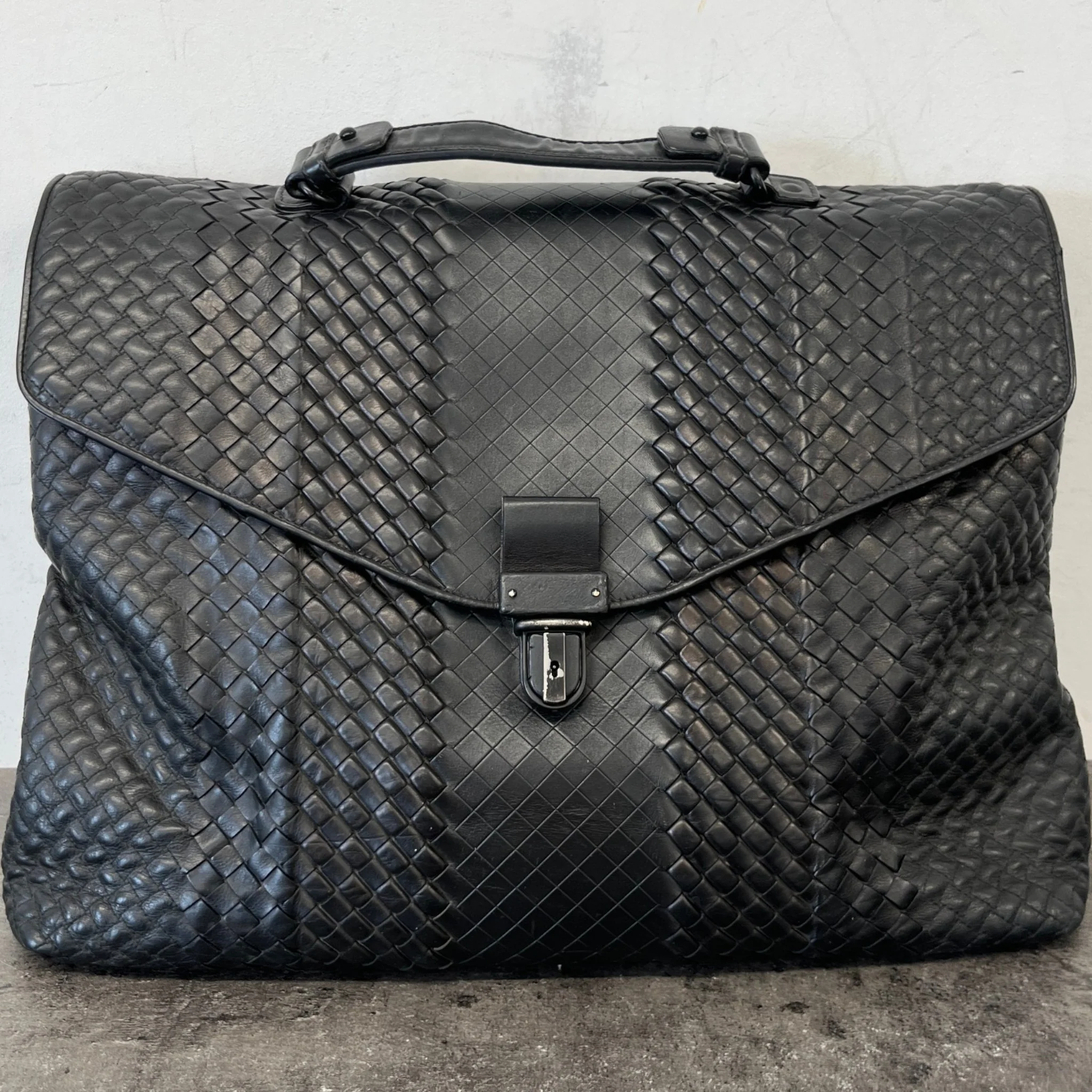 Men's Intrecciato Woven Briefcase Bag Black - Image 11