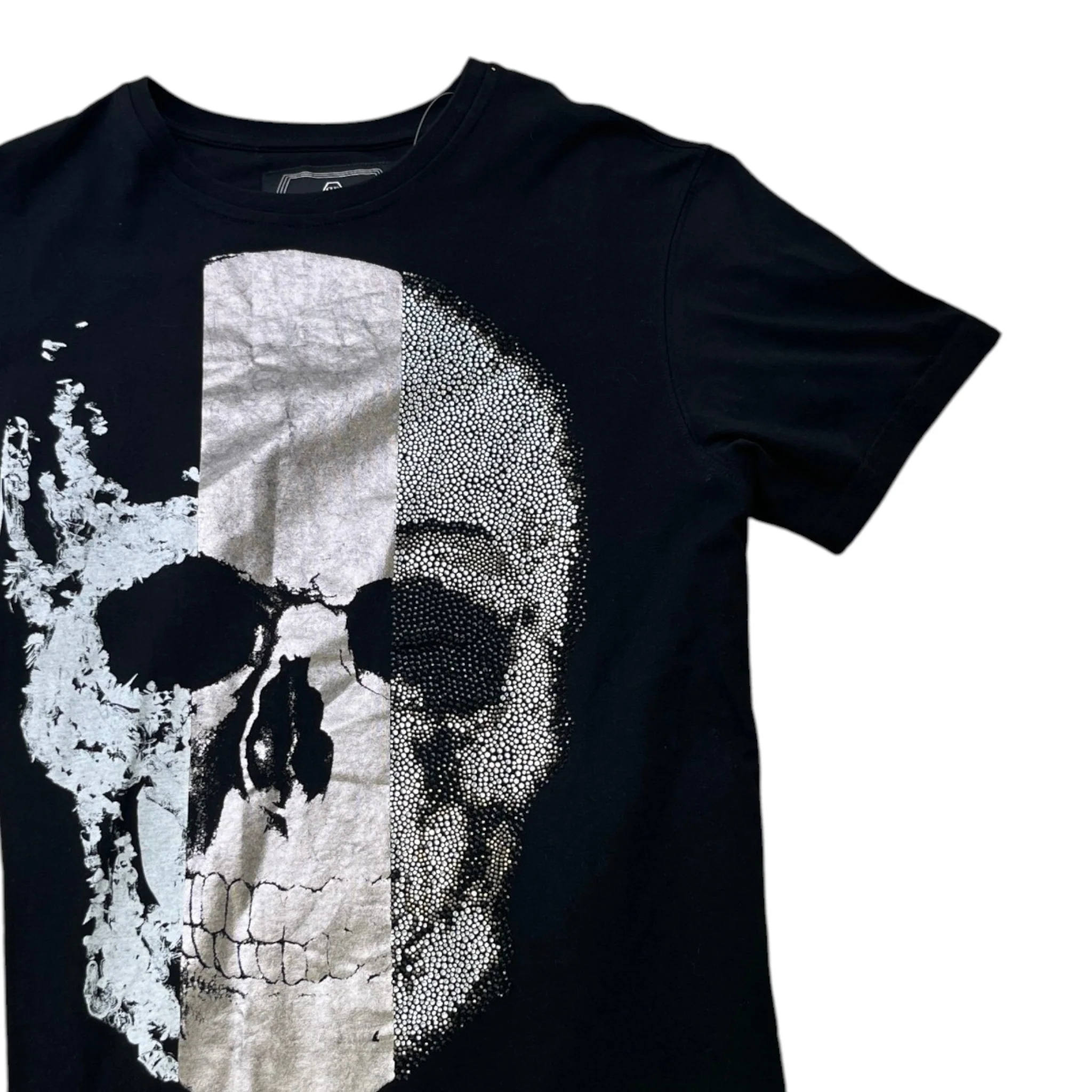 Men's Rhinestone Embellished Skull T-Shirt Black Size L - Image 3