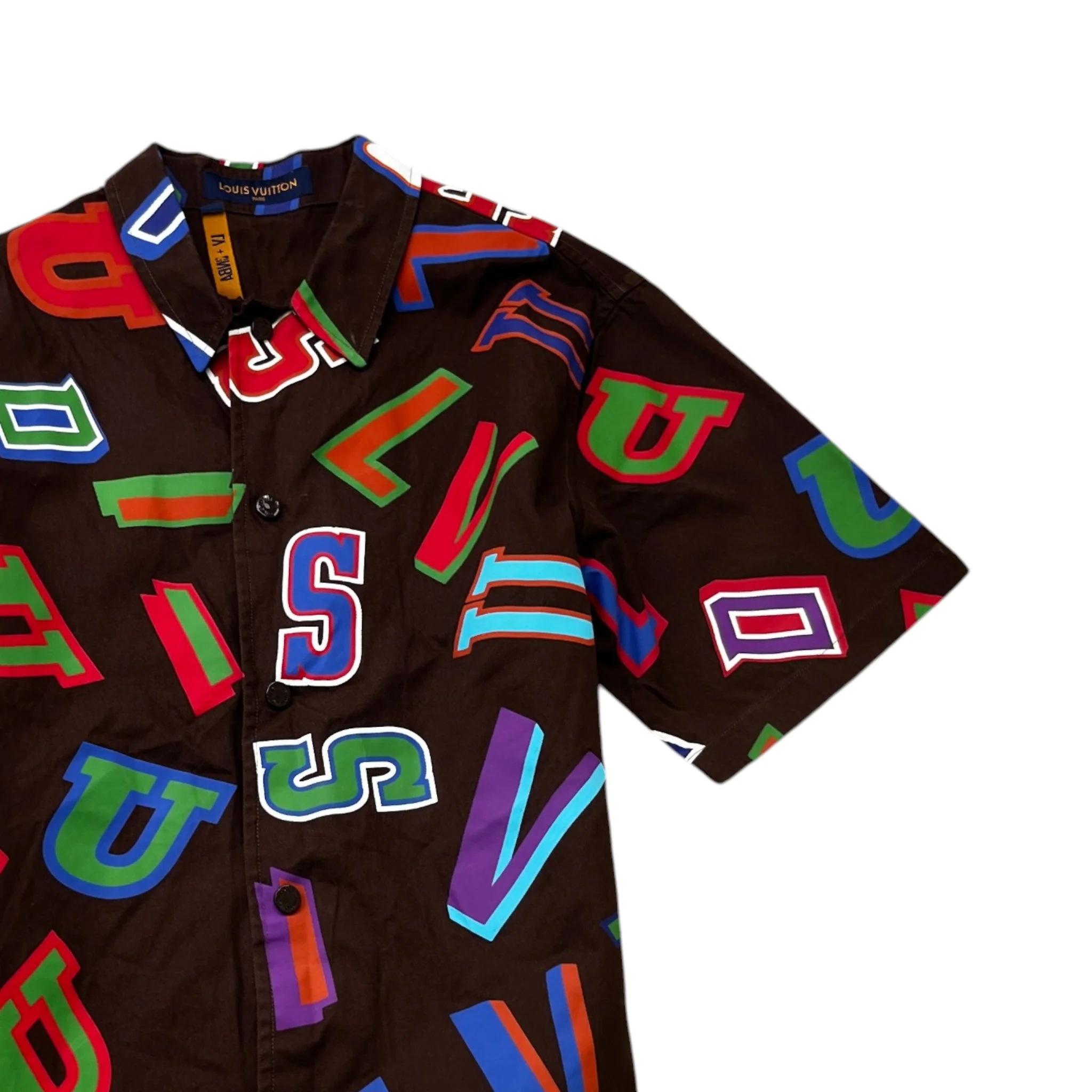 Men's X Nba Basketball Letters Button Up Short Sleeve Shirt Brown Size M - Image 3