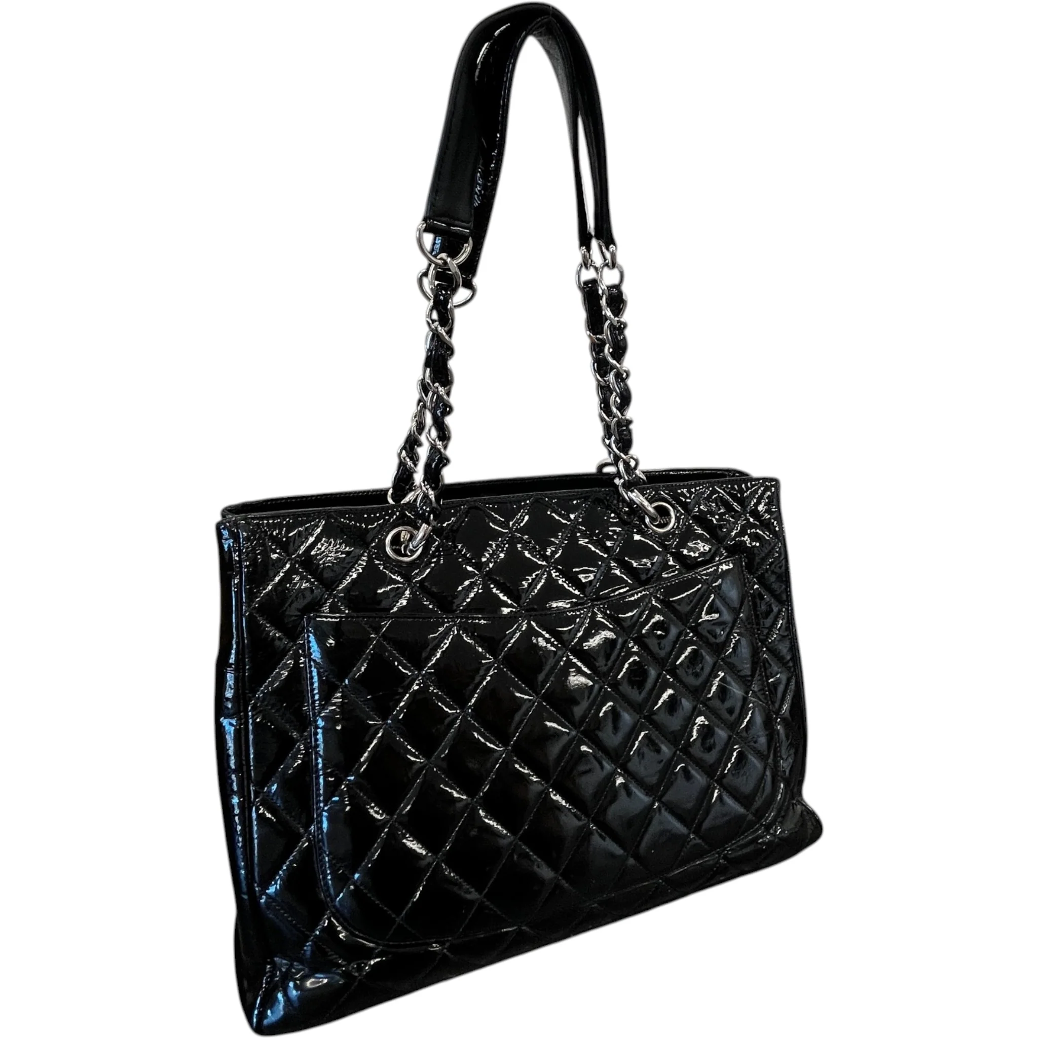 Women's Quilted Patent Grand Shopping Tote Gst Handbag Black - Image 9